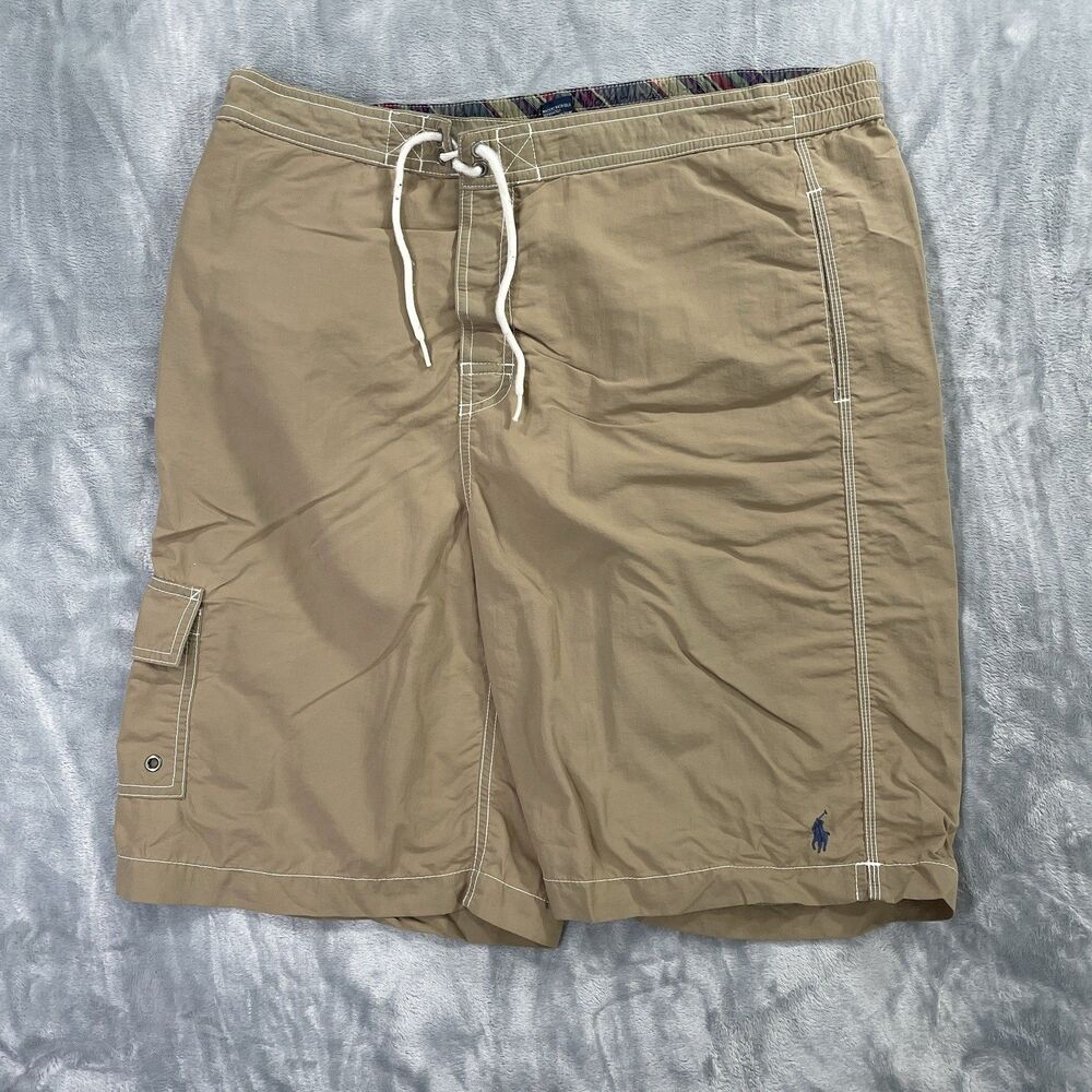 Polo Ralph Lauren Mens Large Swim Board Shorts Trunks Cargo Pocket Beige